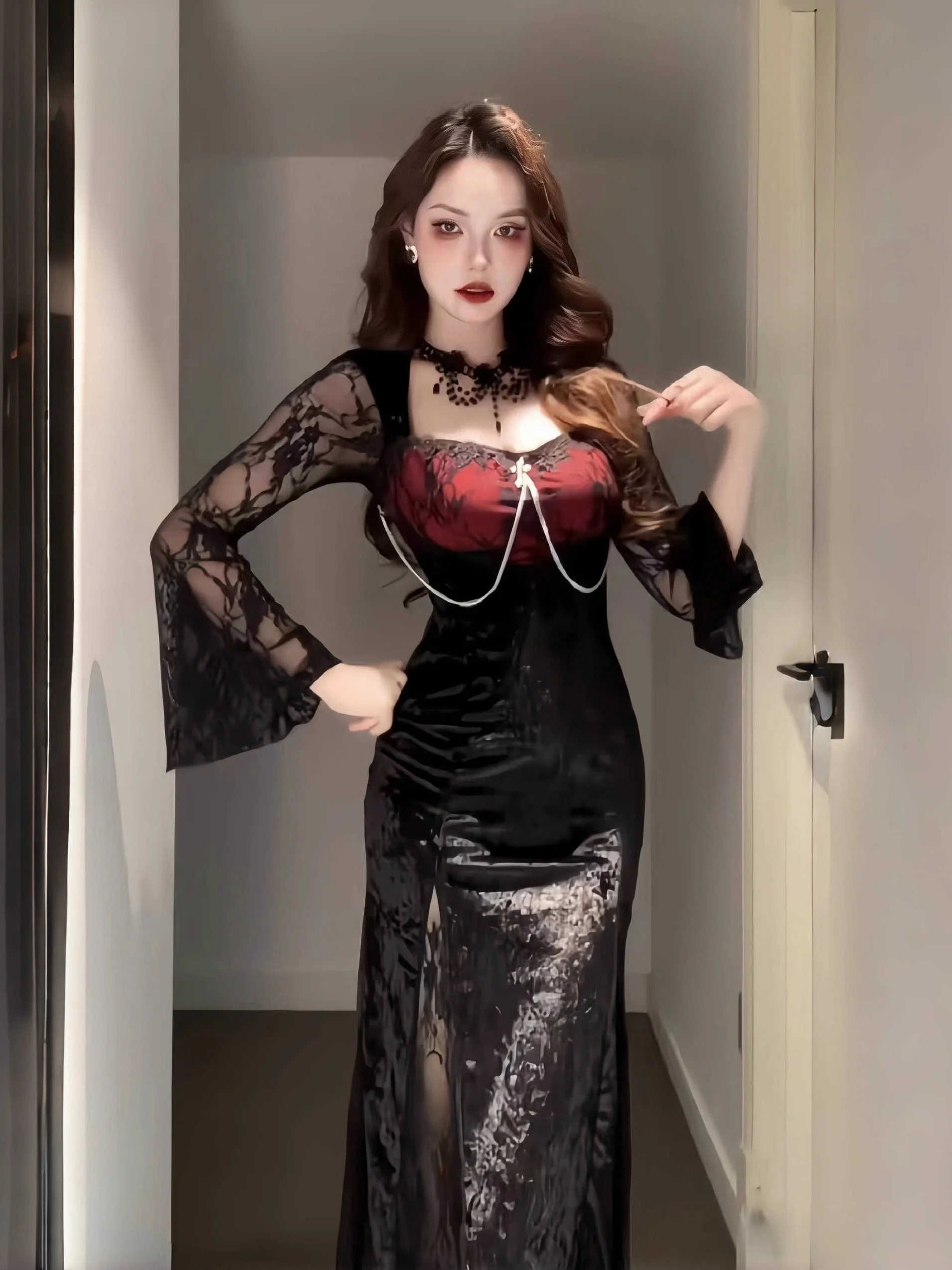 

Готический Sle красный кружевной бархатный Fi Tail Dr женский ретро косплей Хэллоуин Dr высокая талия молния сексуальный длинный све