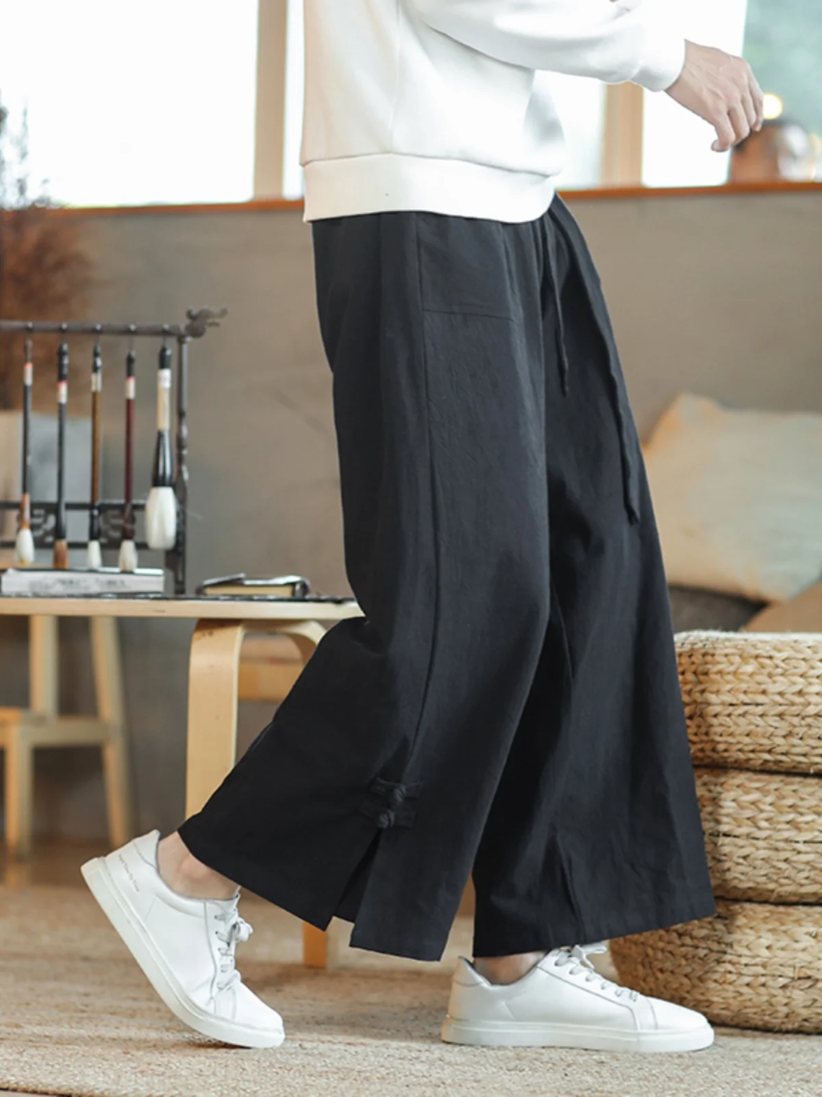 

Loose Straight Leg Linen Pants Men Summer Wide Leg Cotton Linen Casual Trousers Comfortable Loose Fit Hanfu Sle Casual Pants