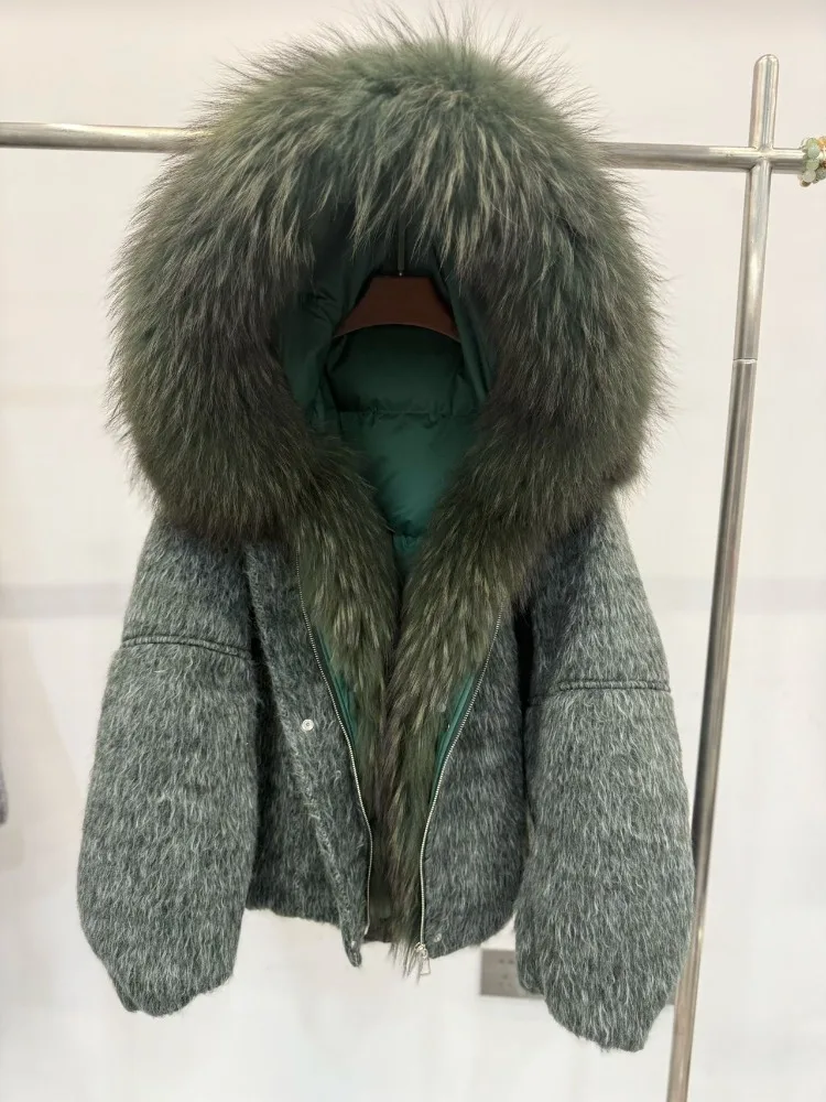 Reality Pelzmäntel Woolen Damen Winter Daunenjacke Pelz Echtmantel Gänsedaunenmäntel & Parkas Echter Waschbärpelz Jacke weiblich