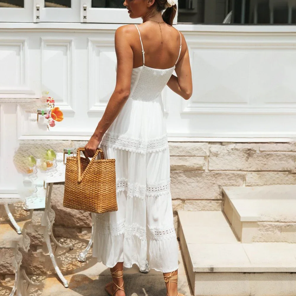 

Bohemian Style Suspender Dress Maxi Dress Sleeveless Spaghetti Strap Summer Trendy With Lace Stitching Lace-up