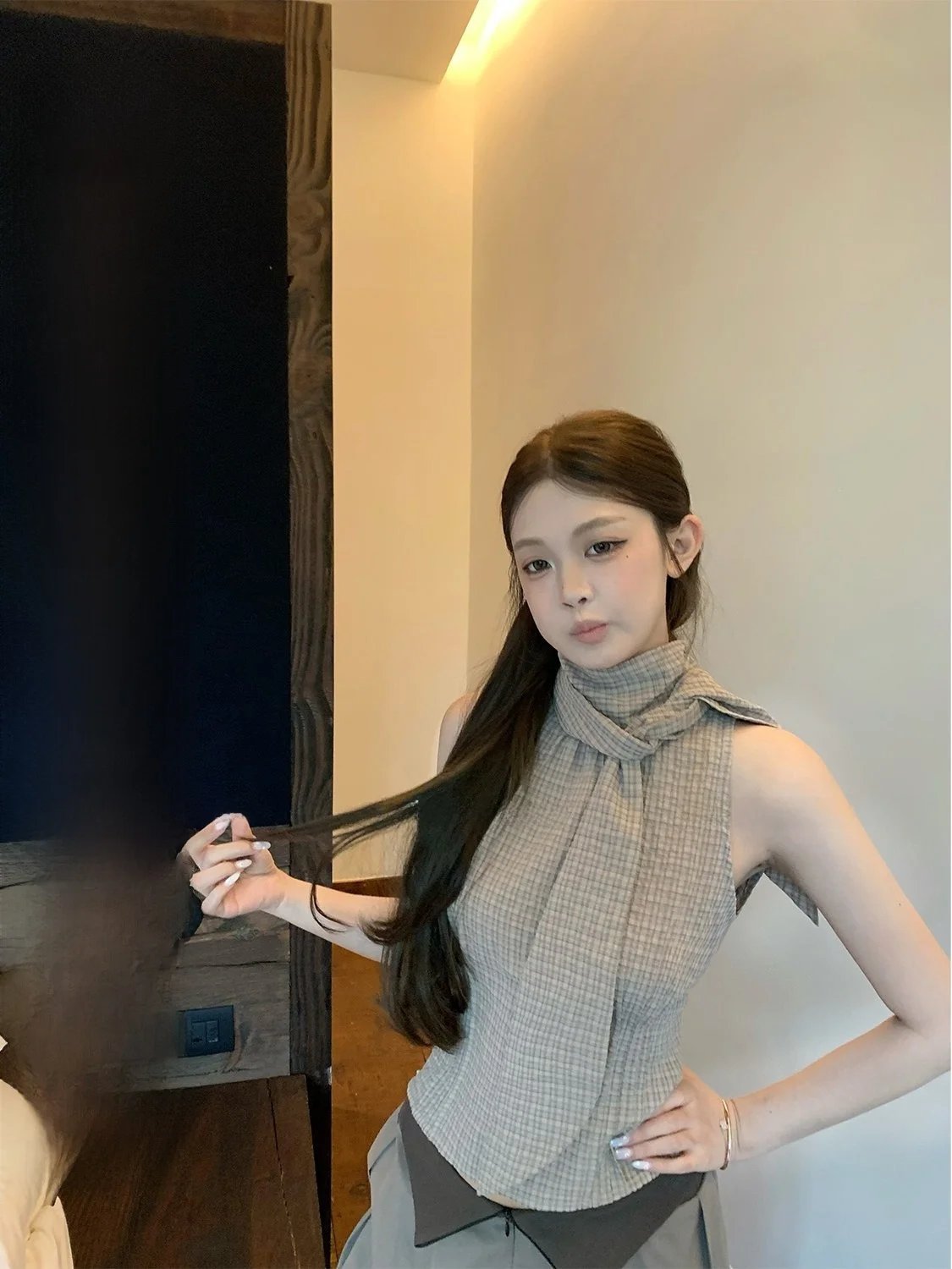 

Женский летний топ Sli ato Hero с открытыми плечами, приталенный, с завышенной талией, модный жилет с принтом в клетку