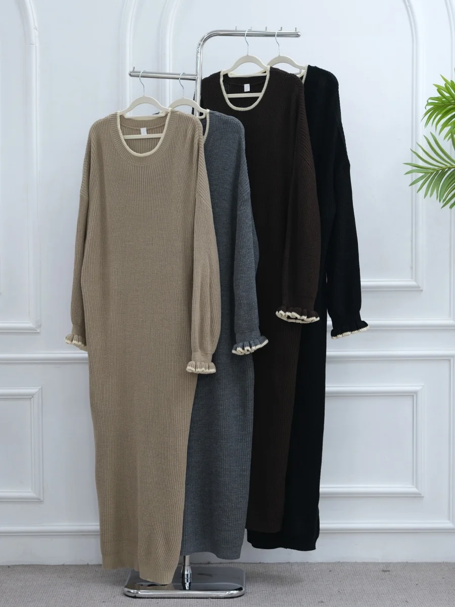 ชุดเดรสยาวแขนยาวลายดอกไม้สำหรับผู้หญิงมุสลิมในฤดูหนาว ดูไบ อบายา เสื้อสเวตเตอร์ถักแบบเรียบง่าย สไตล์มิดชิด สำหรับเดือนรอมฎอน คาฟตัน ชุดคลุมสำหรับผู้หญิง เสื้อผ้าอิสลาม