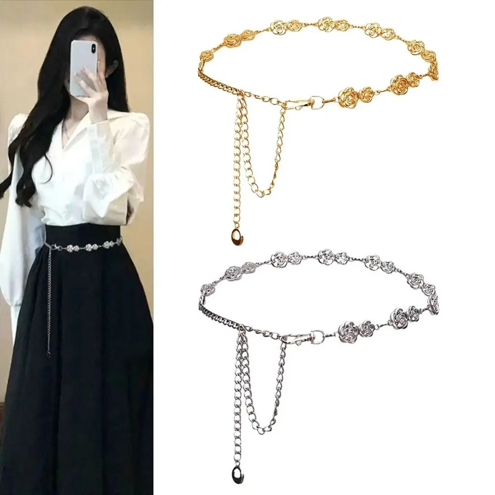 

Trendy Versatile Metal Waist Chain​ Gold/Silver Adjustable ​Vintage Waist Accessory​ Retro ​Rose Flower Belt​ for Women