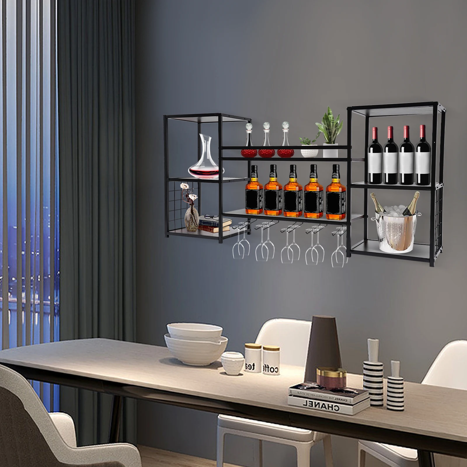 

Wall Mounted Wine Rack with 5 Tier Open Shelves, Floating Wine Storage Shelf for Home Kitchen, Wine Bottle Display Organizer