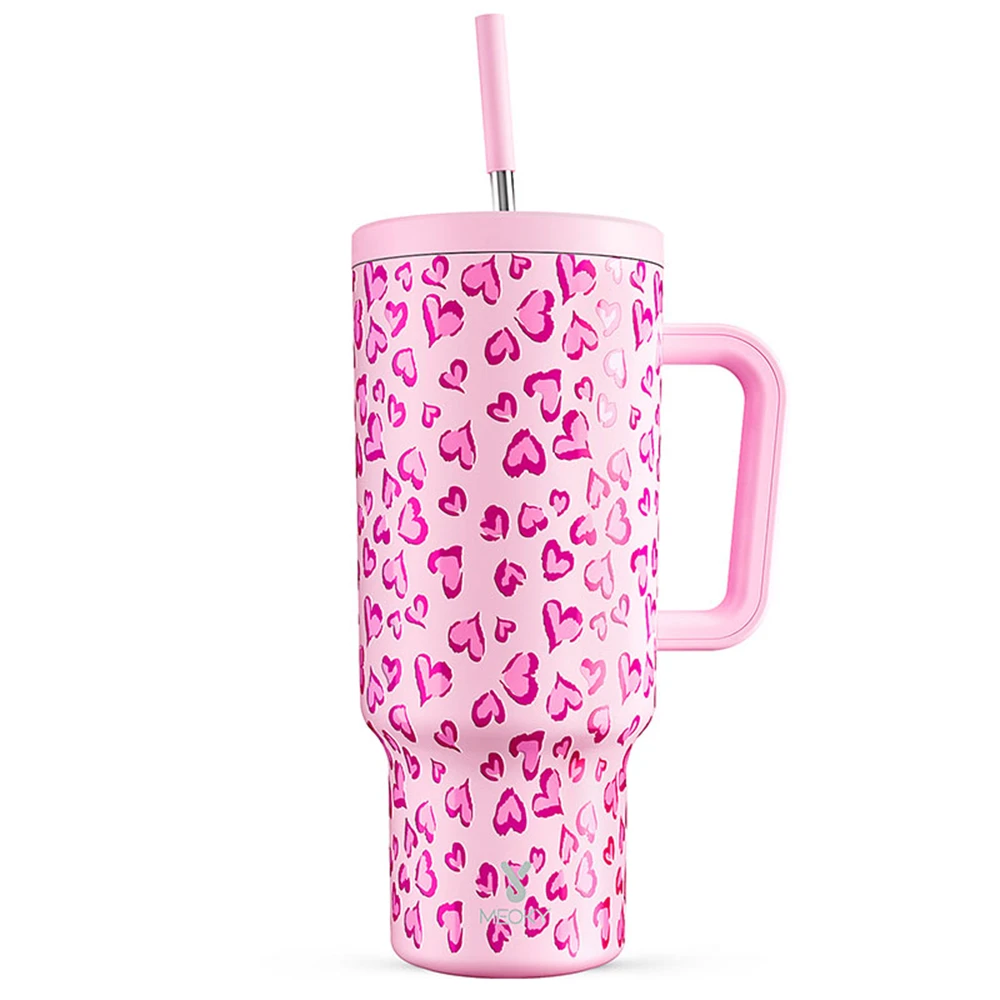 

Meoky 40oz Cup Tumbler Straw cup with Handle Pink Prints Stainless Steel Durable Car Mug Double Wall Water Bottle for Party