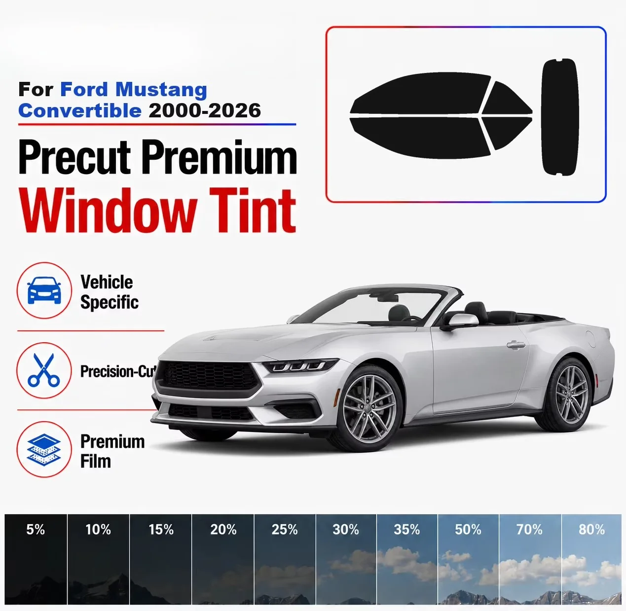 Premium Precut Window Tint Kit Front Rear Windows Rear Windshield For Ford Mustang Conv 2000-2026 Complete Set Nano Ceramic Film