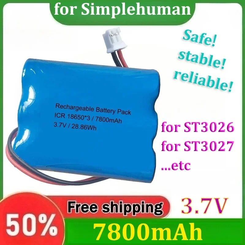 for Simplehuman ST3026 ST3027 Sensor Makeup Mirror Batteries 3.7V 7800mAh Replacement Battery