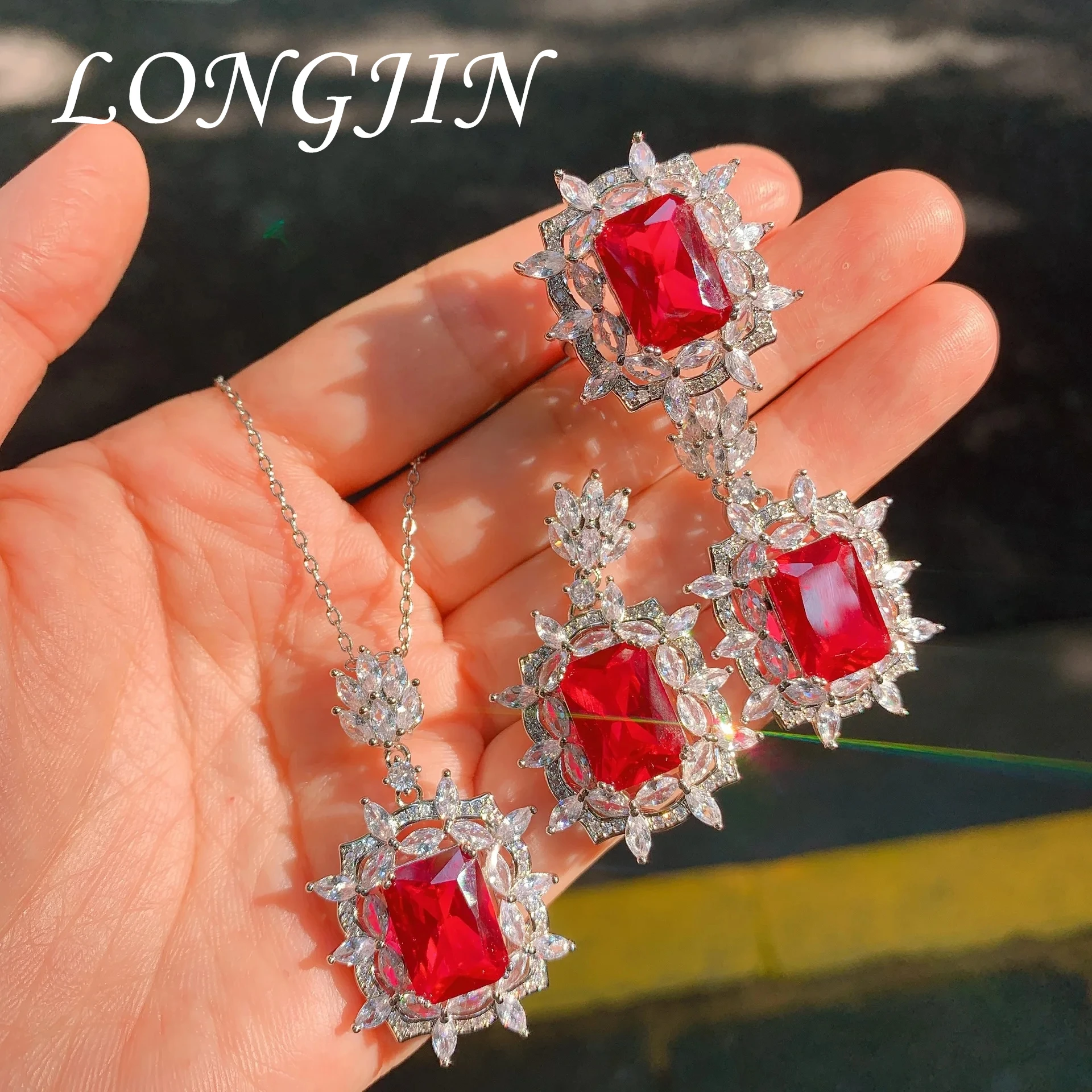 Luxury Elegant Red Rectangle Gemstone Jewelry Necklace and Earrings Adjustable Ring with Sparkling Accents for Special Occasions