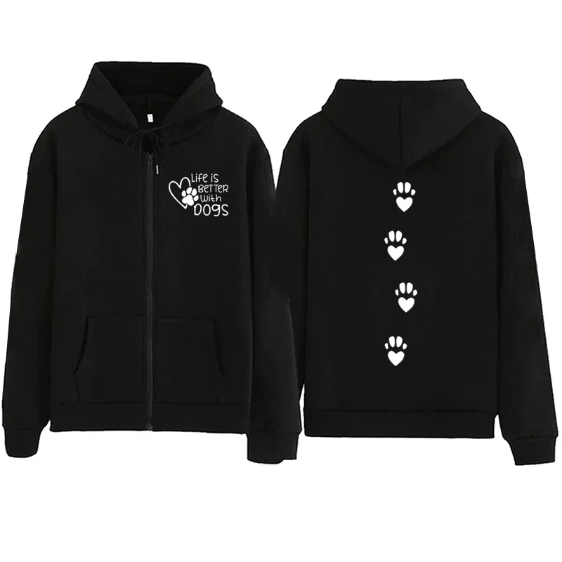 2025 Women New Life Is Better with Dogs Letter Zipper Hoodie Autumn Winter Casual Outdoor Sports Jacket Coat Fleece Sweatshirts