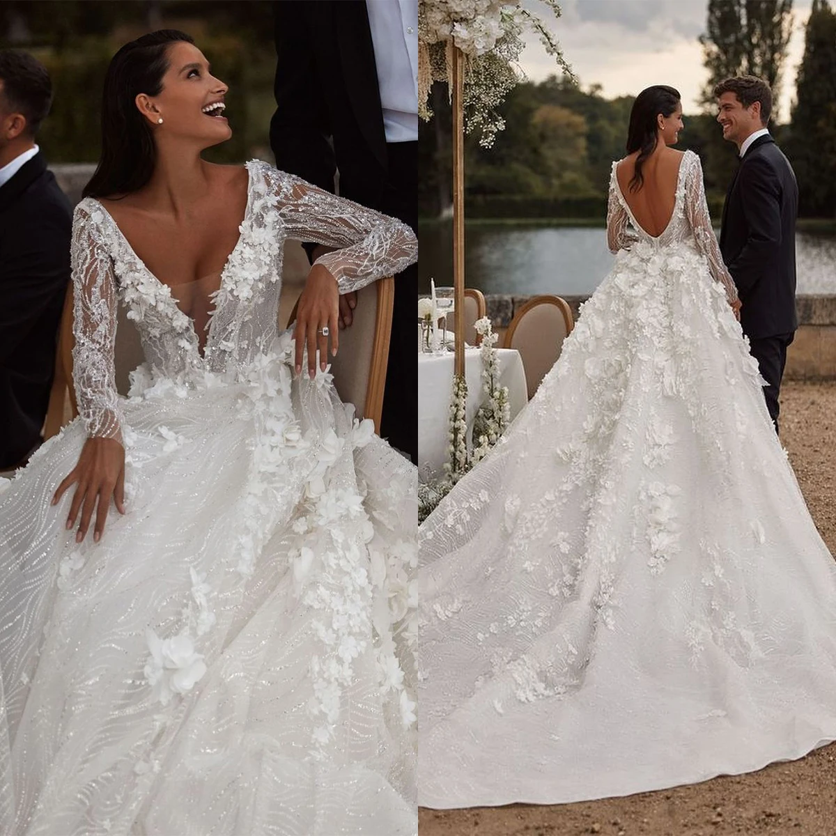 Luxury A Line Wedding Dresses Sexy Deep V Neck Long Sleeves Appliques Lace Bridal Gowns Custom Made Backless Sweep Train Robes