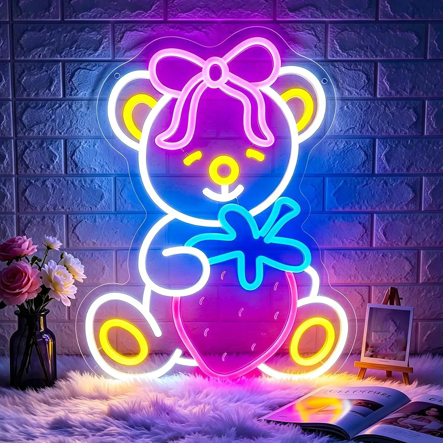 Bowknot Bear Neon Sign USB Dimmable LED Lights For Girls Bedroom Clothing Shop Cafe Birthday Party Wall Decoration Holiday Gifts