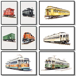 Watercolor Vintage Steam Train Railroad Passenger Car Posters and Prints Canvas Printing Wall Art Picture for Living Room Decor
