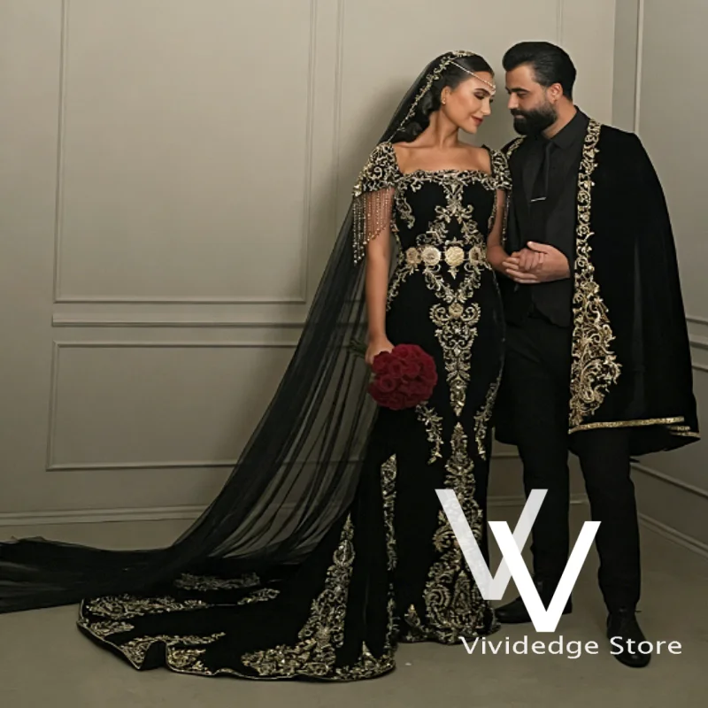 Luxuriöses algerisches schwarzes Brautkleid aus Spitze mit Stickereien, türkischem Samt, Schleier und Schleppe – Maßgeschneiderte Hochzeitskleider 2026 Luxus
