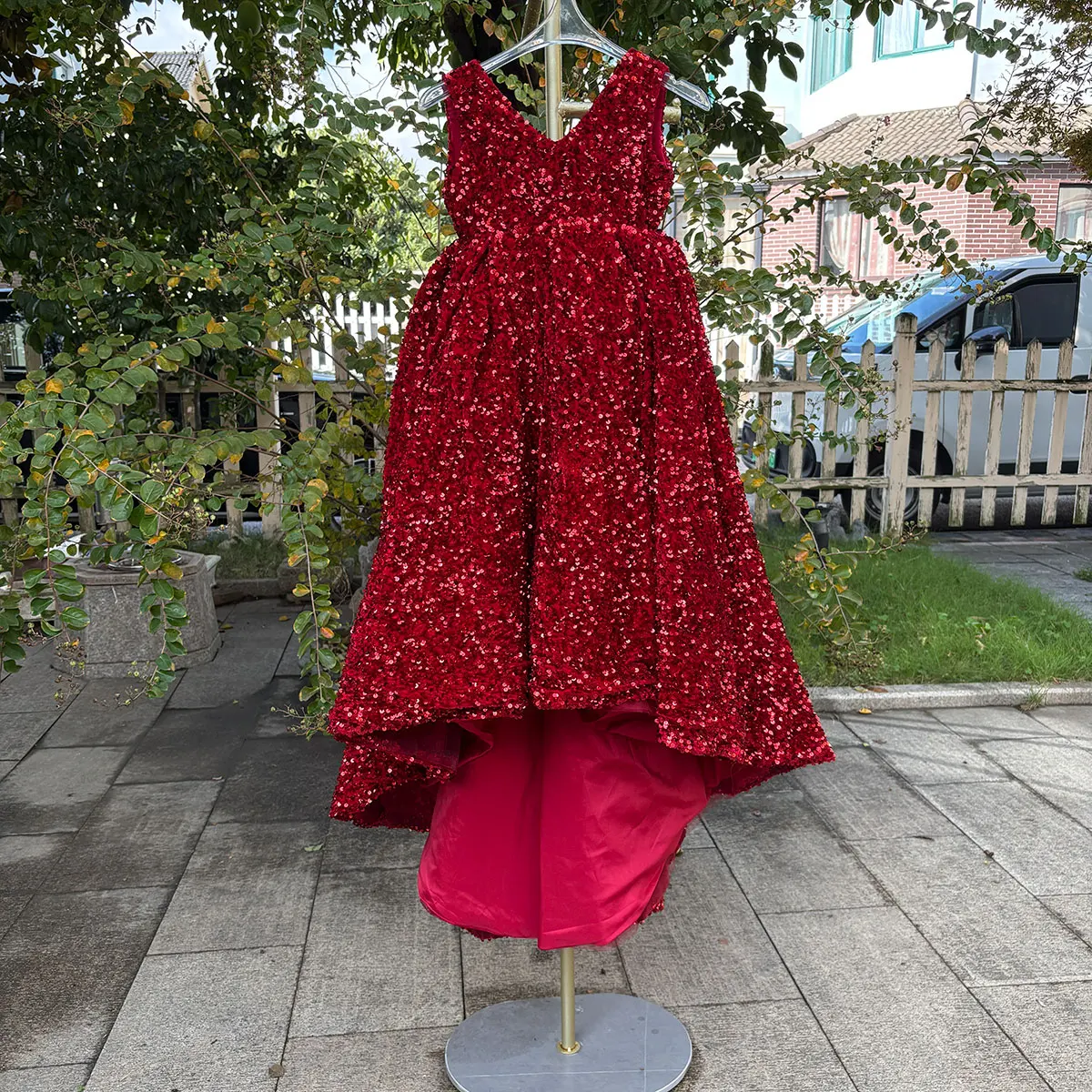 Jill Wish J087 Luxuriöses glänzendes Dubai-Mädchenkleid mit V-Ausschnitt in Burgunderrot, arabisches Prinzessinnenkleid für Kindergeburtstag, Hochzeit, Festzug