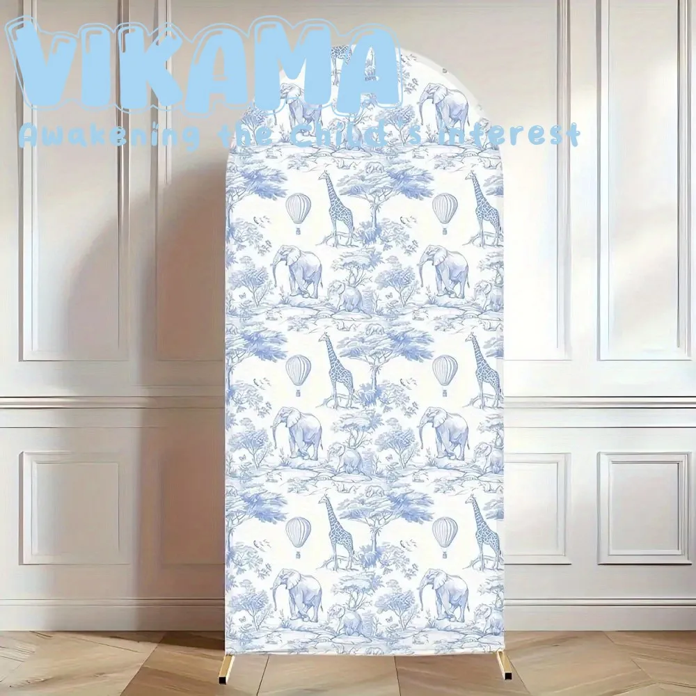 VIKAMA Dschungeltier-Hintergrundstoff Blaues Tiermotiv mit Giraffen, Elefanten und Heißluftballons, gewölbtem Design
