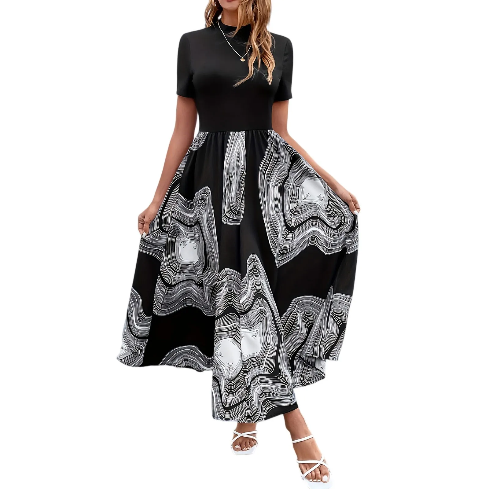 Femmes printemps et été décontracté col rond manches courtes taille imprimé fleuri robe Midi robes Mujer Veranoa 2025 Lange Kleider