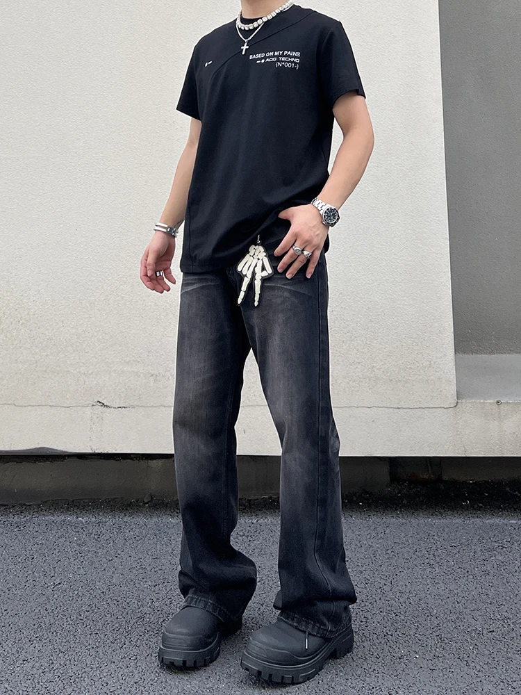 

Джинсы Waed Denim мужские, свободные, прямые, длинные брюки, ретро-дизайн с волнистым узором, повседневные, в стиле High Street, из смесового хлопка и полиэстера