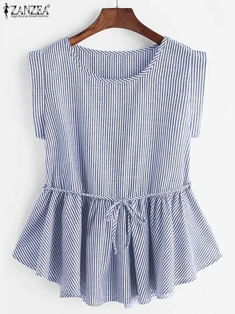 ZANZEA Women Striped Blouse 2024 Summer Peplum Tops Fashion Korean Short Sleeve Ruffle Blusas Casual Loose Bandage Holiday Shirt