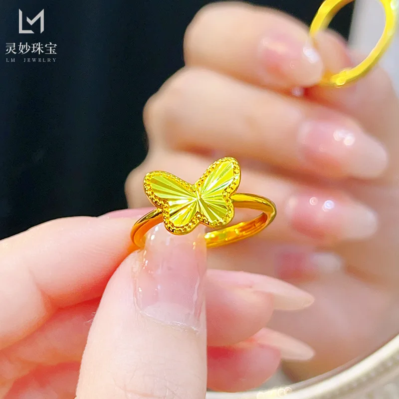 

9999 24K real gold luxury jewelry laser gold butterfly opening ring simple fashion gift for girlfriend