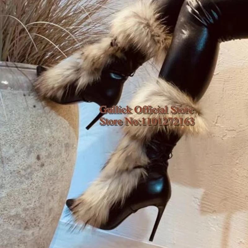 

Белые замшевые черные кожаные теплые ботинки до середины икры с меховой бахромой, теплые ботинки на высоком каблуке с острым носком и завязкой на шнуровке