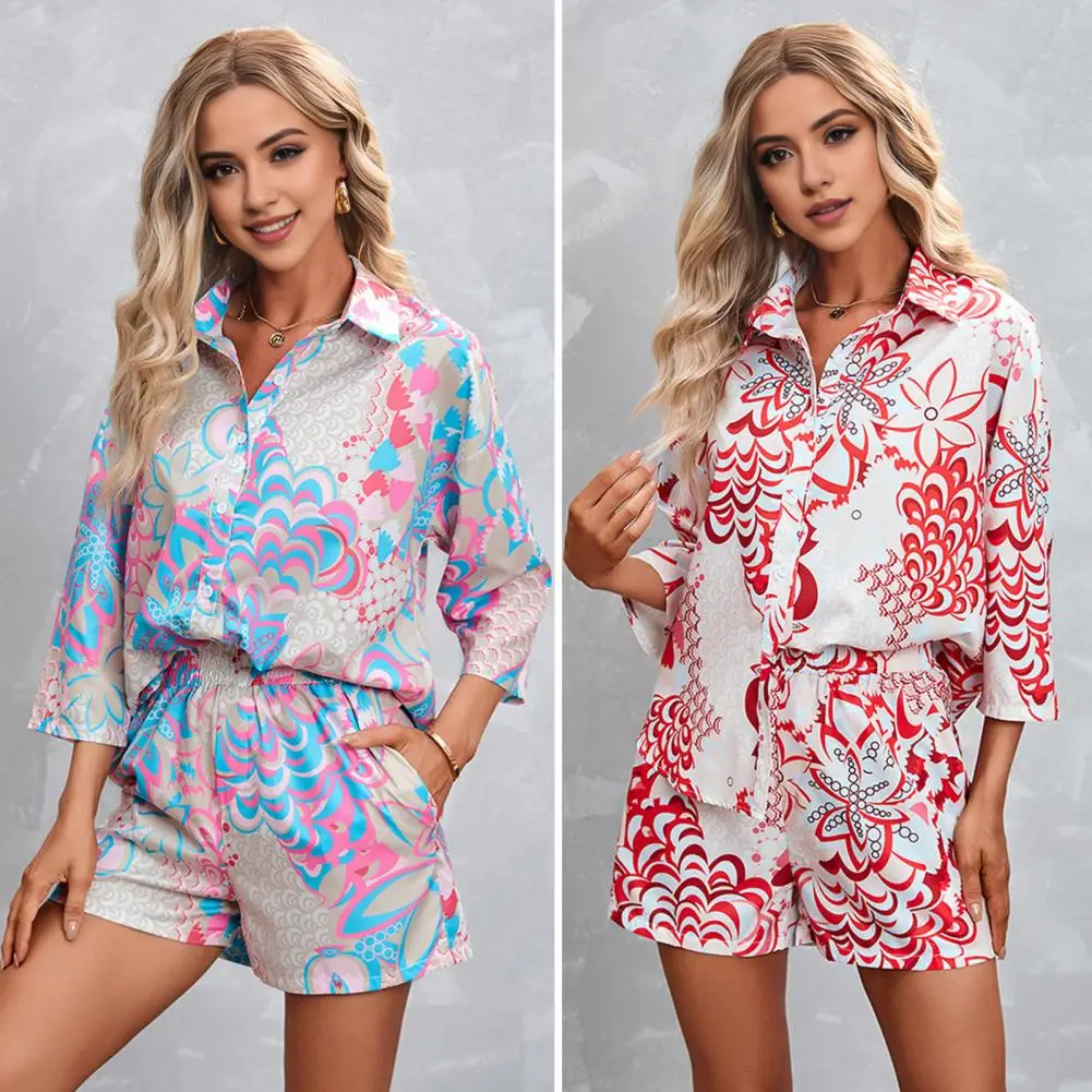 Three Quarter Sleeve Shirt Women Two-piece Set Floral Printed Women\'s Shirt Shorts Set Stylish Lapel Collar Loose Fit for Outfit