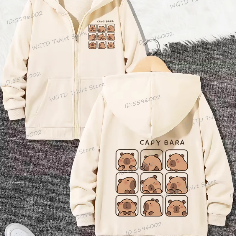 Cartoon Capybaras Print Kids Clothes Capybara Lover Soft Zipper Hoodie Coat Baby Girls Boys Outerwear Zipper Hoody Jacket