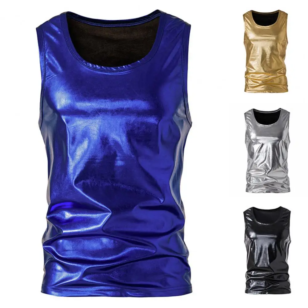 Mens Fashion Shiny Metallic Vest O-Neck Sleeveless Men Vest Breathable Club Rave Festival Clothing Jazz Hip Hop Casual Tops