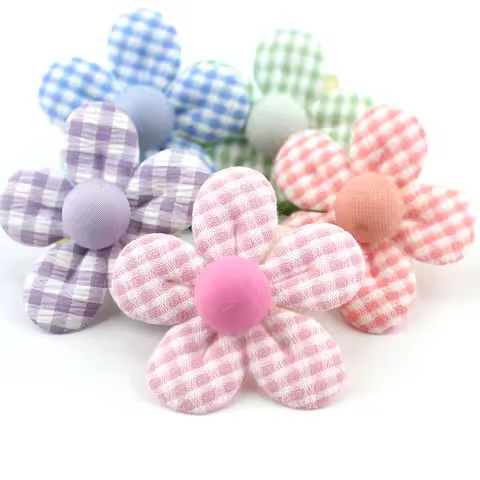 20Pcs 5cm Handmade Grid Fabric Flower Padded Appliques For DIY Headwear Hairpin Crafts Decoration Clothing Accessories