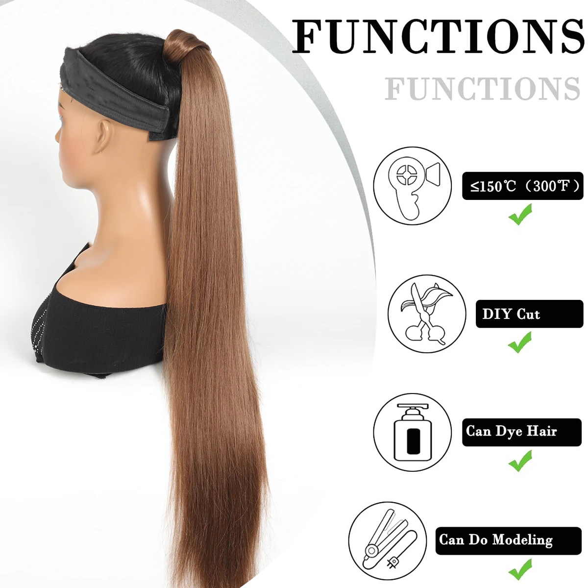 36 inch Extra Long Straight Synthetic Flexible Wrap Around PonyTail Extensions, Black Brown Blonde Red ponytail Hairpieces