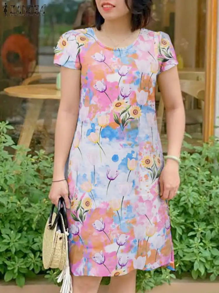 

ZANZEA 2024 Summer Short Sleeve Sundress Floral Print Elegant Casual Women A-line Vestido O Neck Daily Commute Knee-length Dress