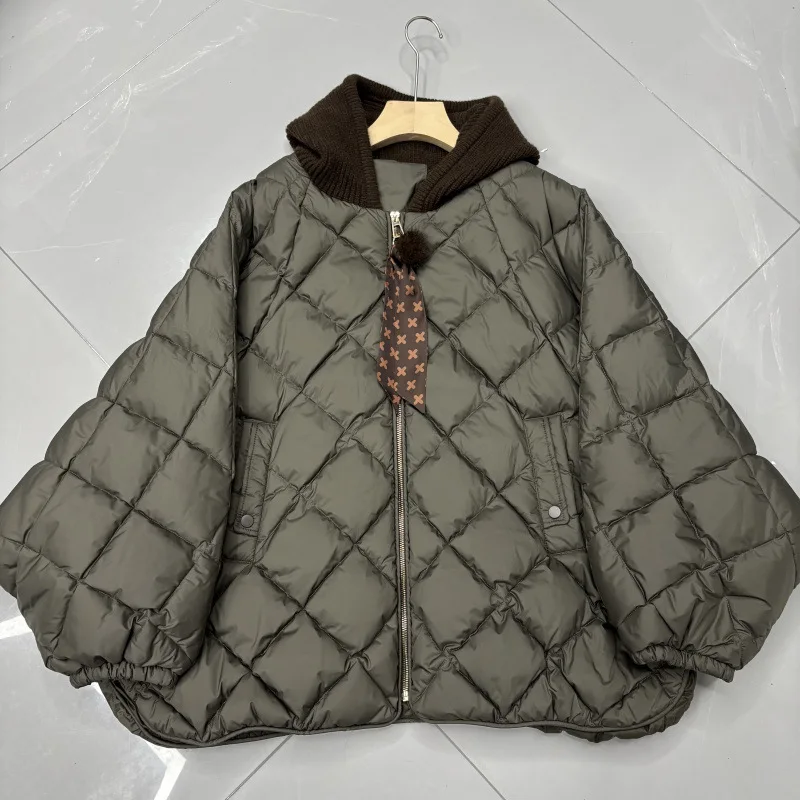 Nouveau automne hiver à capuche diamant grille blanc canard vers le bas Parka mode tricoté chapeau doudoune pour les femmes