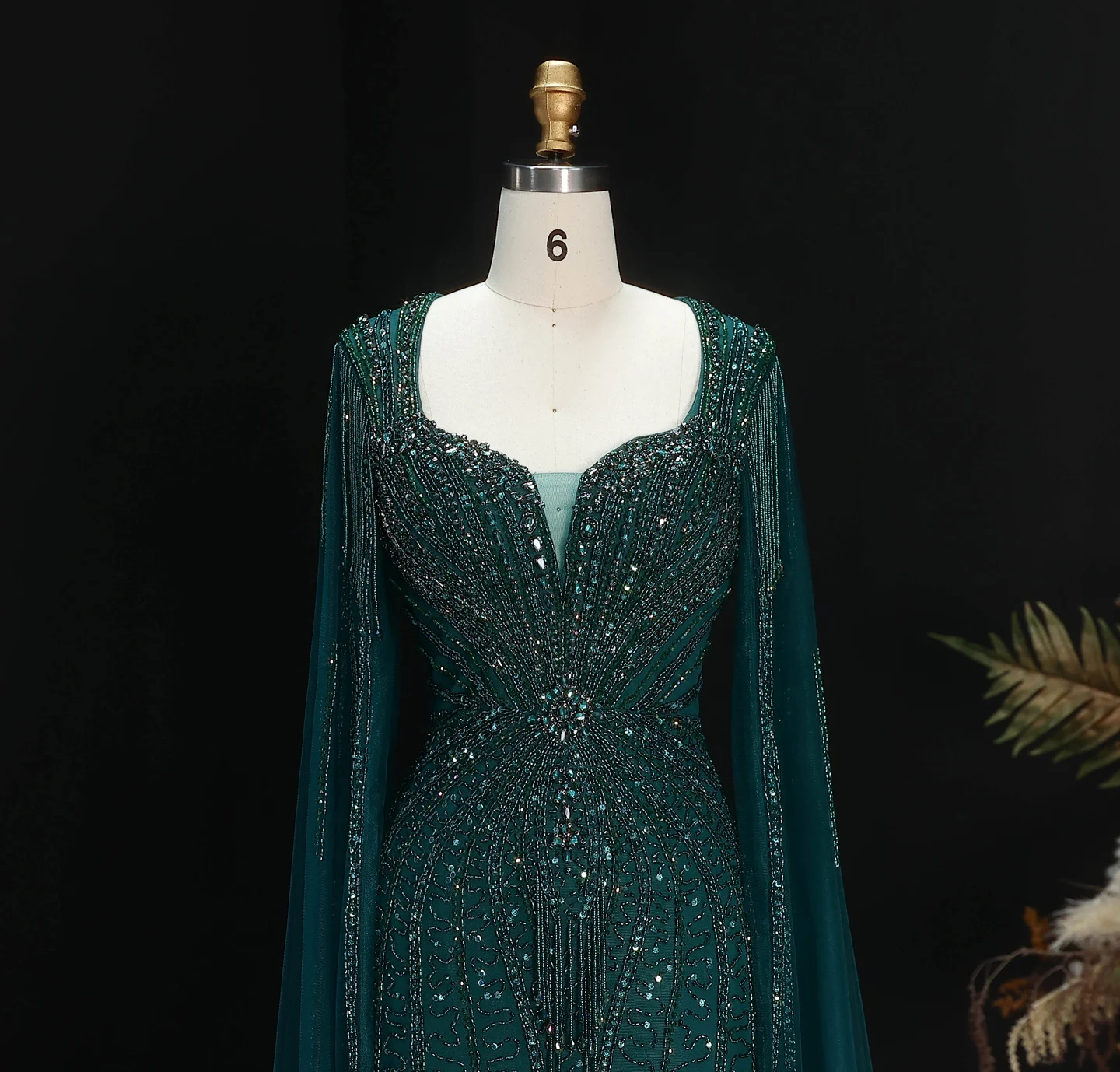 Sharon Said Dubai Luxuriöses Champagner-Meerjungfrauenkleid mit Cape-Ärmeln für Damen, Hochzeitsfeier, Ballkleider SS024, Maßanfertigung – Detail 14
