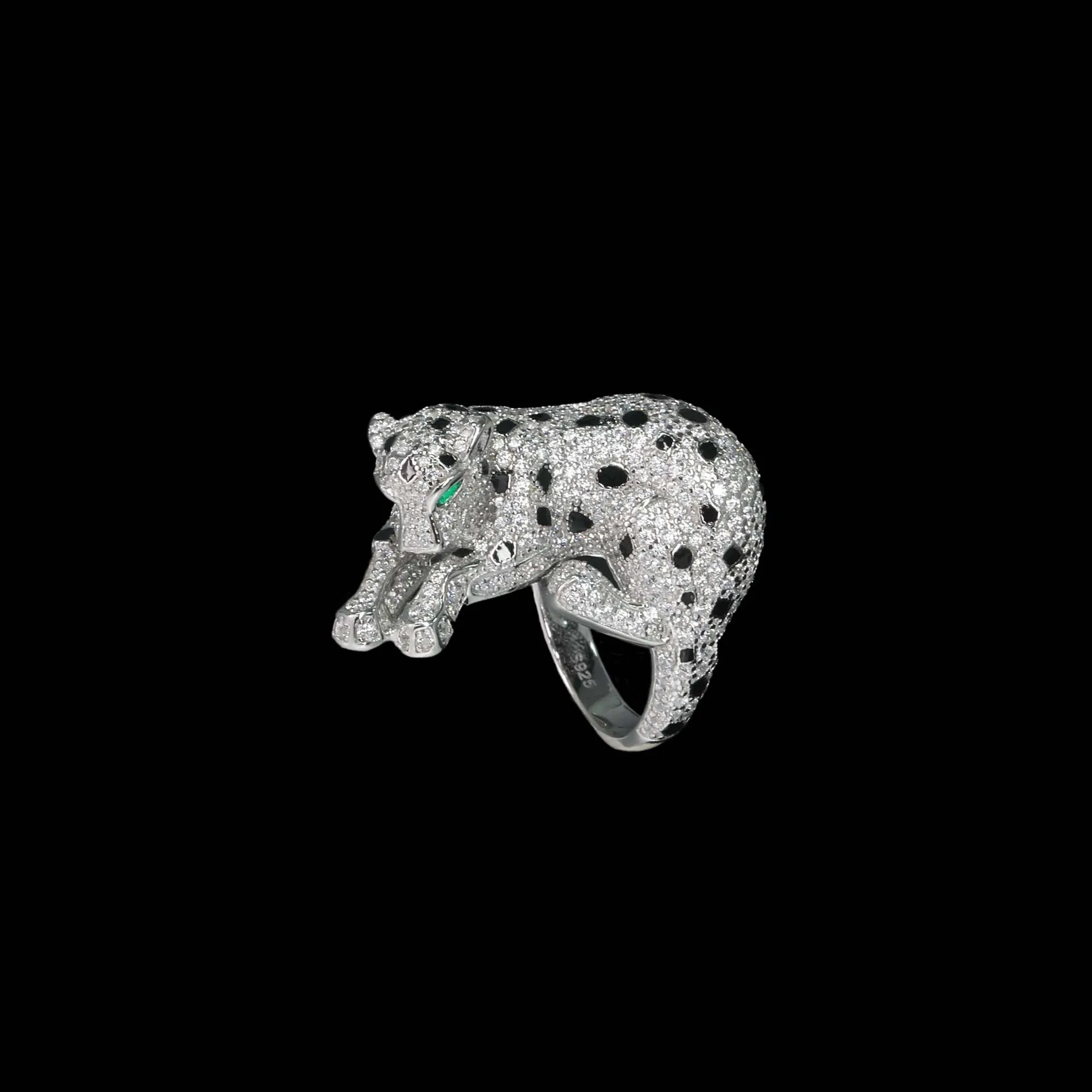 Lab-Grown Emerald Panther Black Enamel Statement Ring 925 Sterling Silver Fine Jewelry Engagement Daily Gala For Men And Women