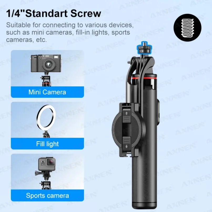 Extendable Selfie Stick Tripod 1/4'' Standard Screw 360° Rotatable for iPhone Action Camera Fill Light Portable Vlog Stand Mount