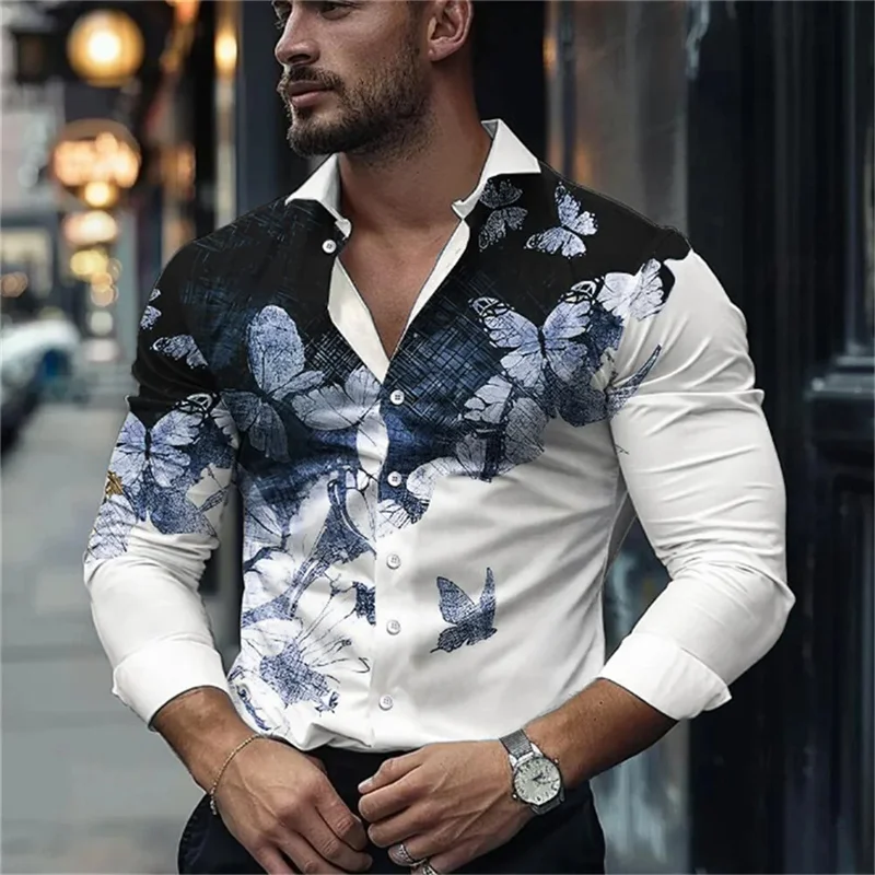 Butterfly 3D Printed Business Men's Shirt High Quality Butterfly Pattern Long Sleeve Shirt Lapel Comfortable Soft Men's Tops