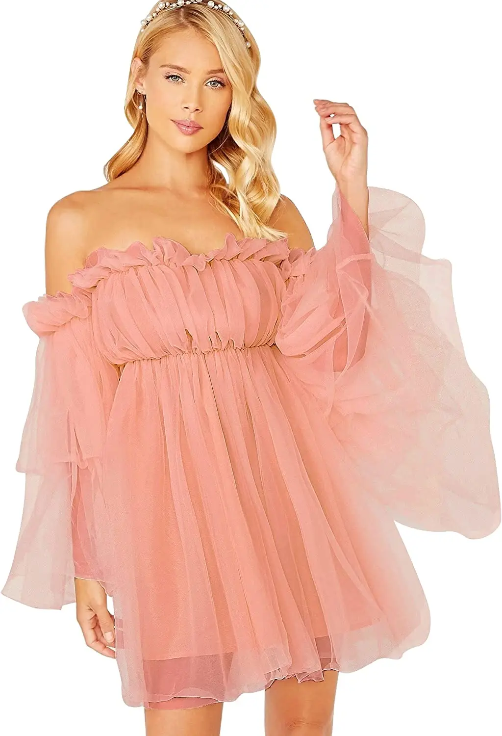 NEW S-5XL Women\'s Romantic Off Shoulder Flounce Long Sleeve Wedding Ruffle Mesh Party Mini Dress