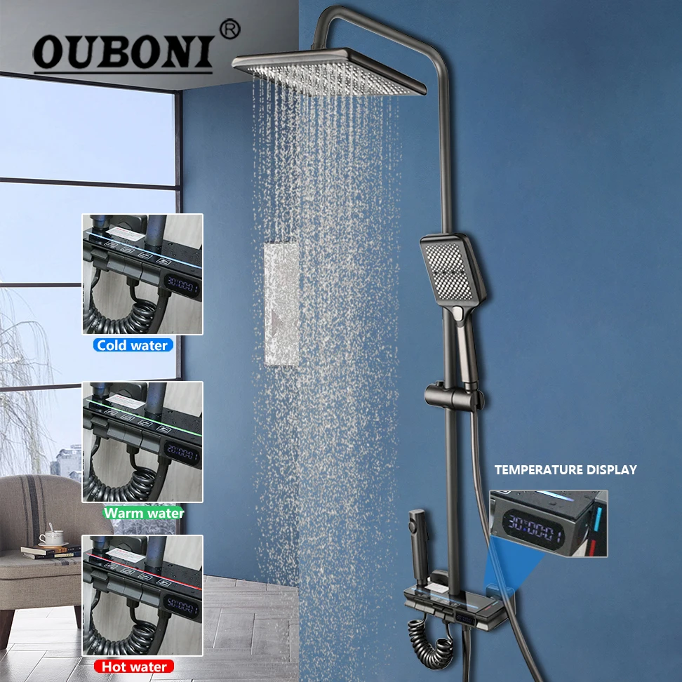 

OUBONI LED Bathroom Rainfall Shower Set With Digital Display Color Changes Temperature W/ Bidet Faucets With Mixer Faucet Tap