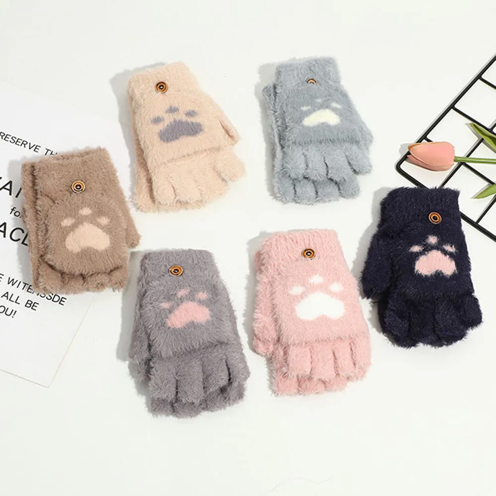 Winter Plush Warm Gloves Women Fingerless Gloves Girls Fluffy Cat Paw Flexible Half Finger Gloves Thick Plush Mittens guantes