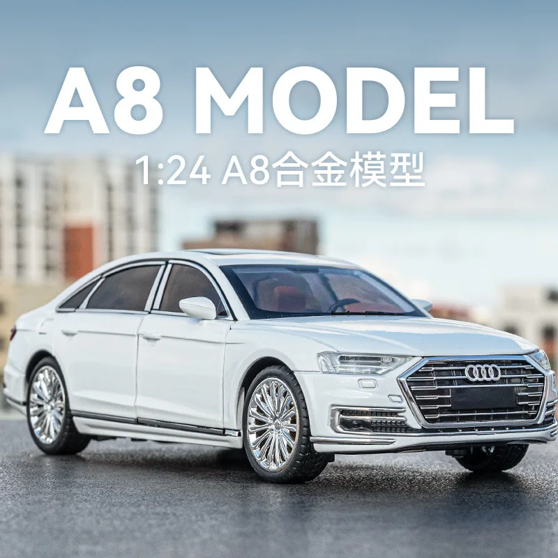 1/24 Audi A8 Diecast Alloy Metal Toy Car Miniature Vehicle Model Pull Back Sound & Light Doors Openable Collection Gift For Boy