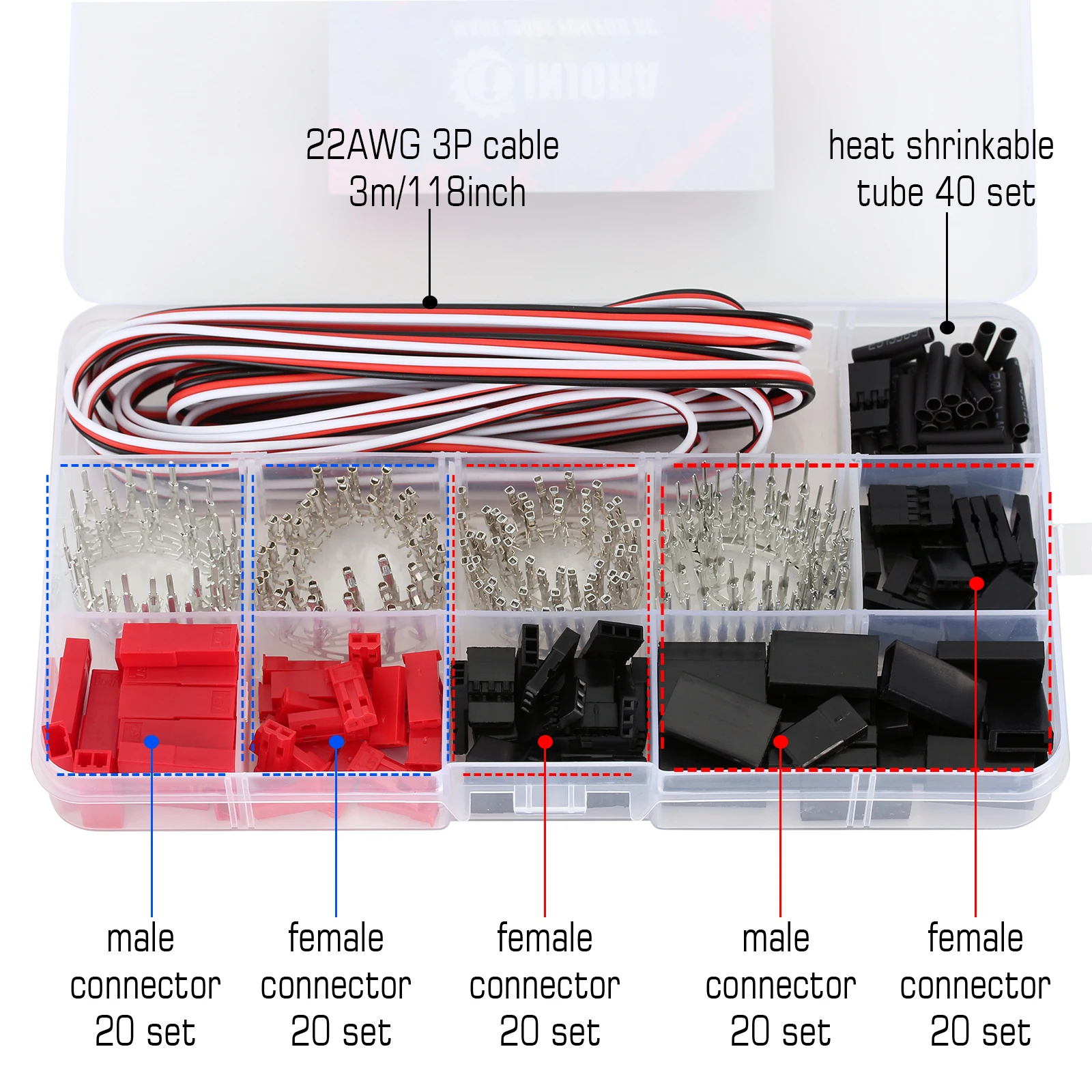 INJORA Servo Plug Male Female JST JR Connector Crimp Pin Wire Set for RC Car Boat Model