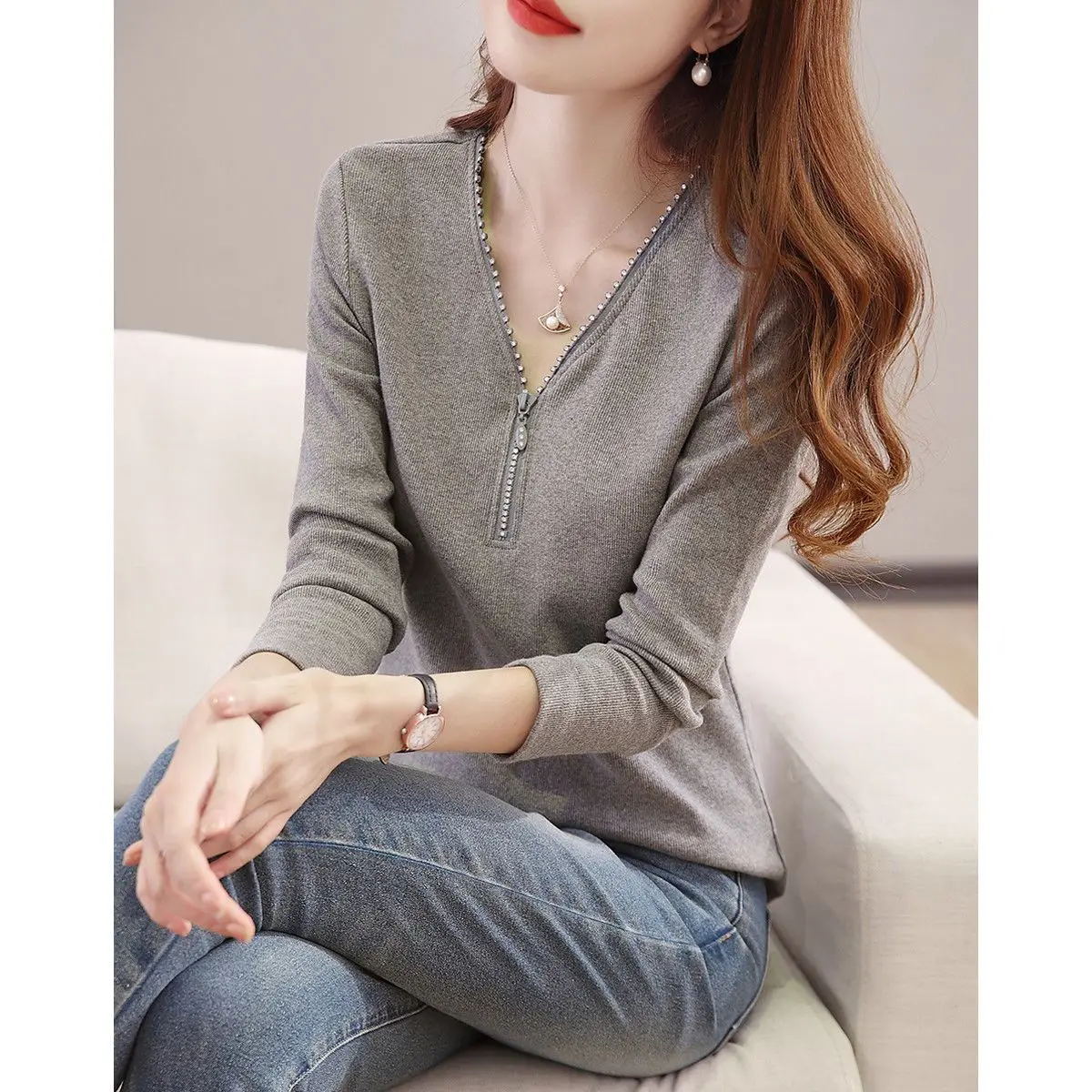 2023 top sottile autunno inverno scollo a v semplicità sciolto t-shirt tinta unita cerniera ufficio signora abbigliamento donna alla moda coreano