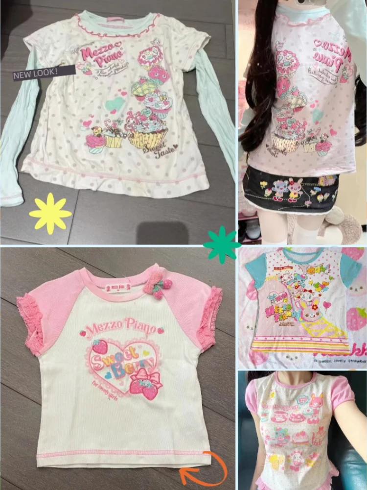 Sweet Kawaii Cartoon Tshirts Polka Dot Print Women T-shirt Loose Casual Contrast Color Cute Graphic Tee Tops Japan Y2k Aesthetic