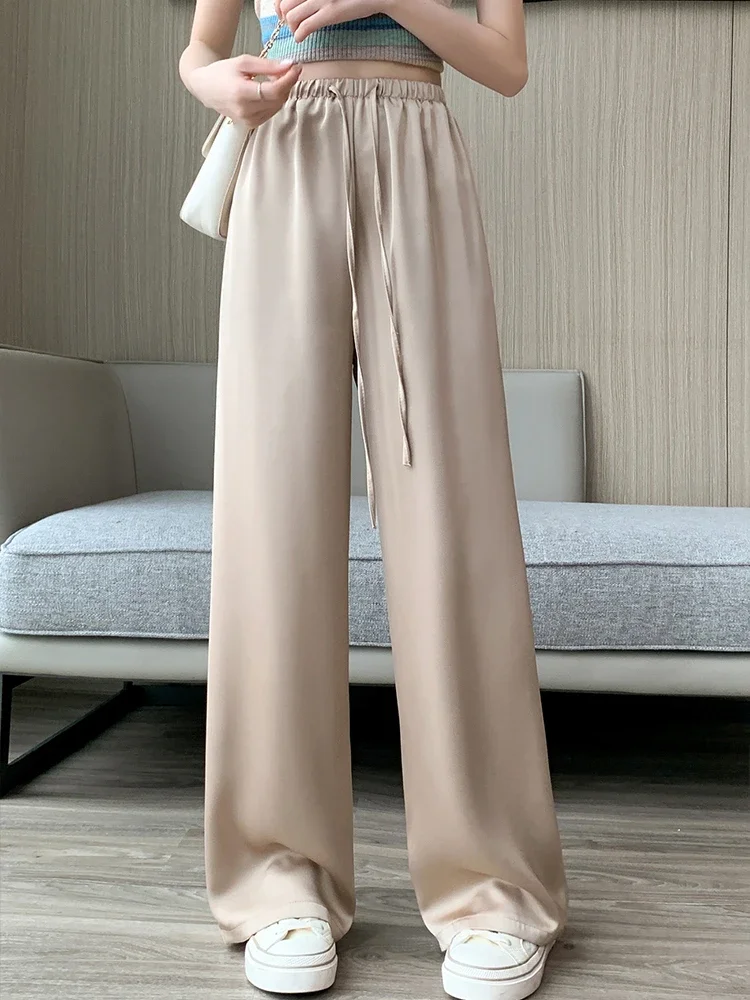 Women Summer Solid Color Wide Leg Pants Office Lady Casual Drawstring Long Trousers Elastic Waist Lace High Waist Casual Pants