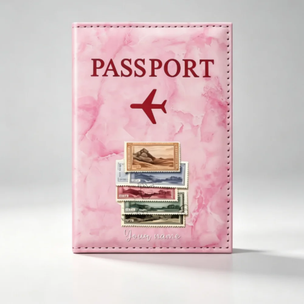 Custom Vintage Landscape Stamp Name PU Passport Holder, Mountain Train Travel Themed Case Gift for Travel Lovers