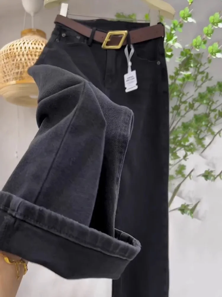 Bla Slim Straight Fce Gefütterte Denim-Jeans für Damen, Herbst und Winter, Thi-Hose mit weitem Bein, lässig, hohe Taille, Kettendetail