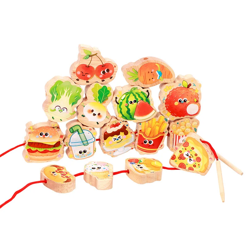 Children's Wooden Beads Vegetable Fruit Food Threading Games Fine Motor Focus Training Teaching Aid Education Toys Gifts