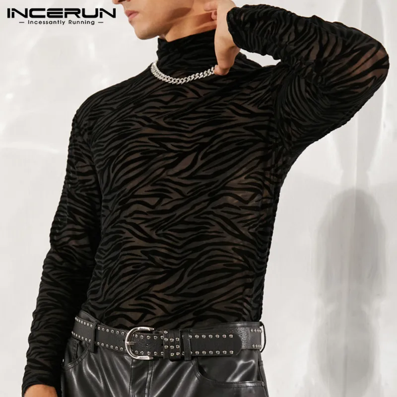 INCERUN Men Mesh T Shirt Turtleneck Long Sleeve See Through Print Casual Sexy Tee Tops 2024 Streetwear Party Nightclub Camisetas