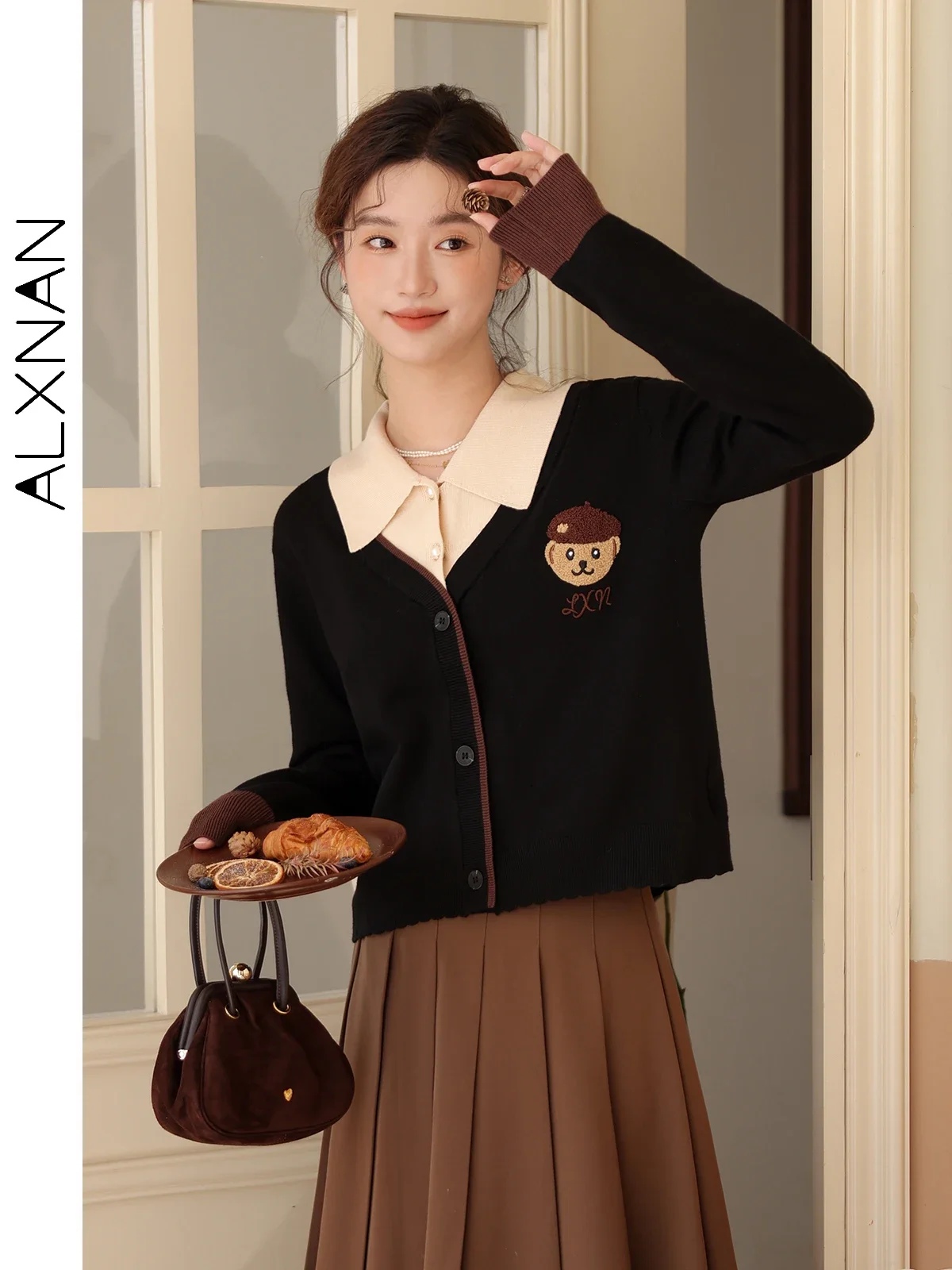 

ALXNAN Fake 2 Piece Polo Collar Knitted Cardigans 2024 Autumn Winter Patchwork Sweet Long Sleeve Sweater Coat Female LXN31701