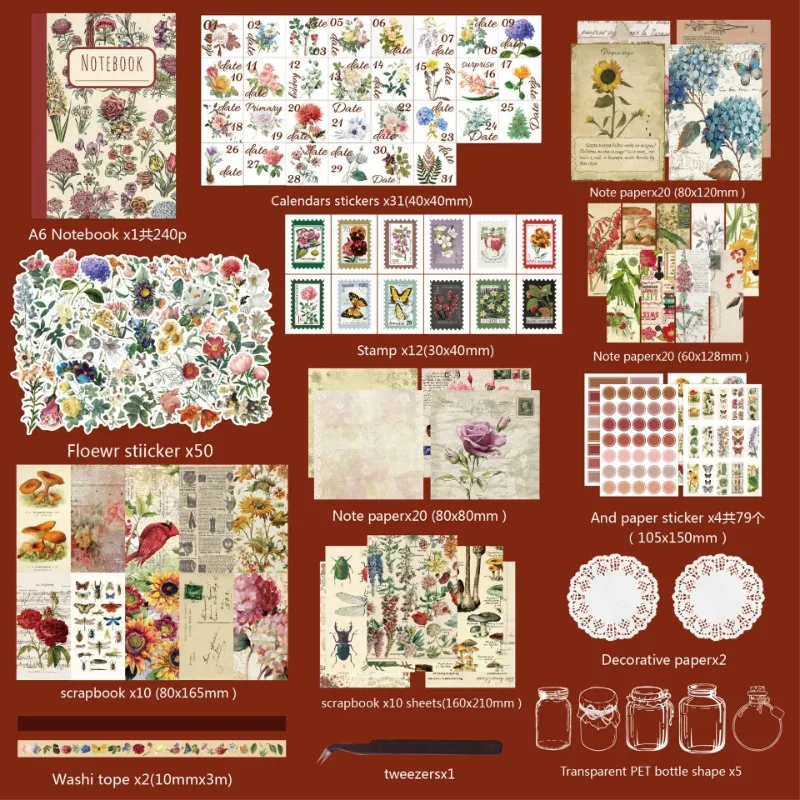 265 Pieces Handbook Sticker Gift Set Flowers Plants DIY Vintage Handbook Materials Scrapbooking