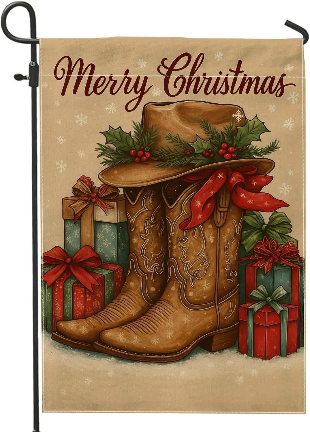 Cowboy Boots Garden Flag, Christmas Rustic Xmas Gifts Hat Brown Burlap Double Sided Small Garden Yard Flag for Outdoor Patio GGX
